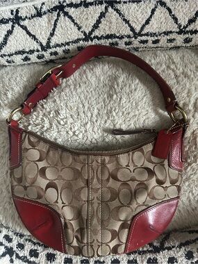 Coach Monogram Shoulder Bag in Khaki and Red